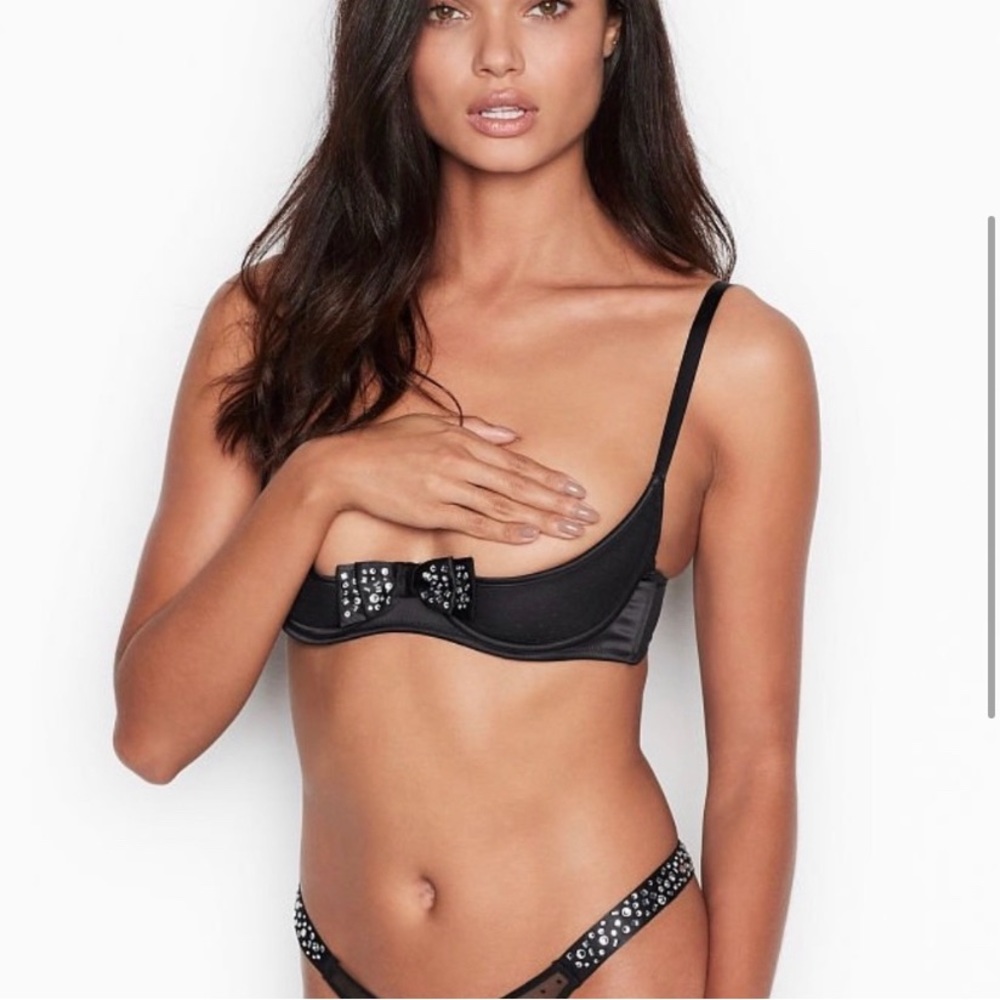 Victoria's Secret DREAM ANGELS Black Unlined Rhinestone Bow Quarter Cup Bra 34B